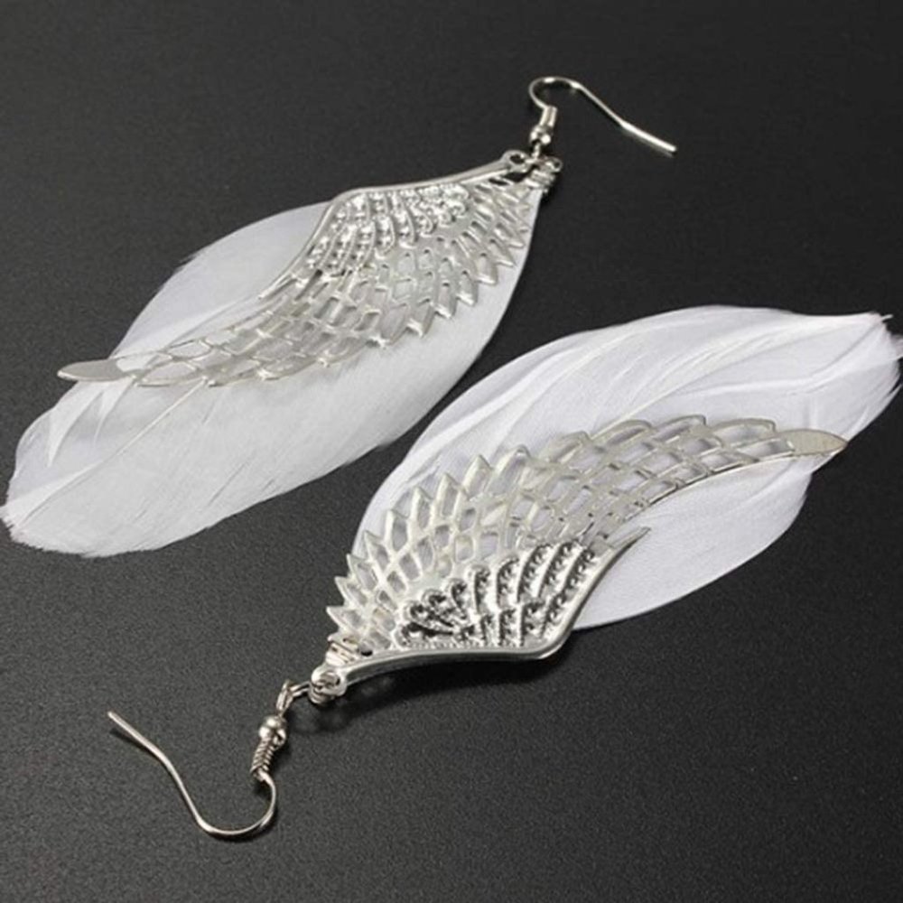 Women Angel Wings Feather Dangle Long Earrings